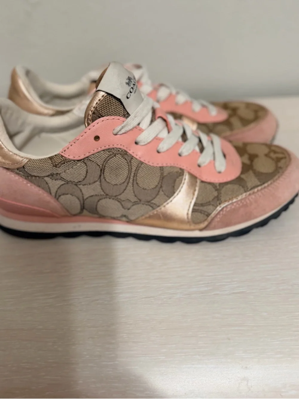 Coach Pink & Tan Signature Logo Sneakers - Picture 2 of 8